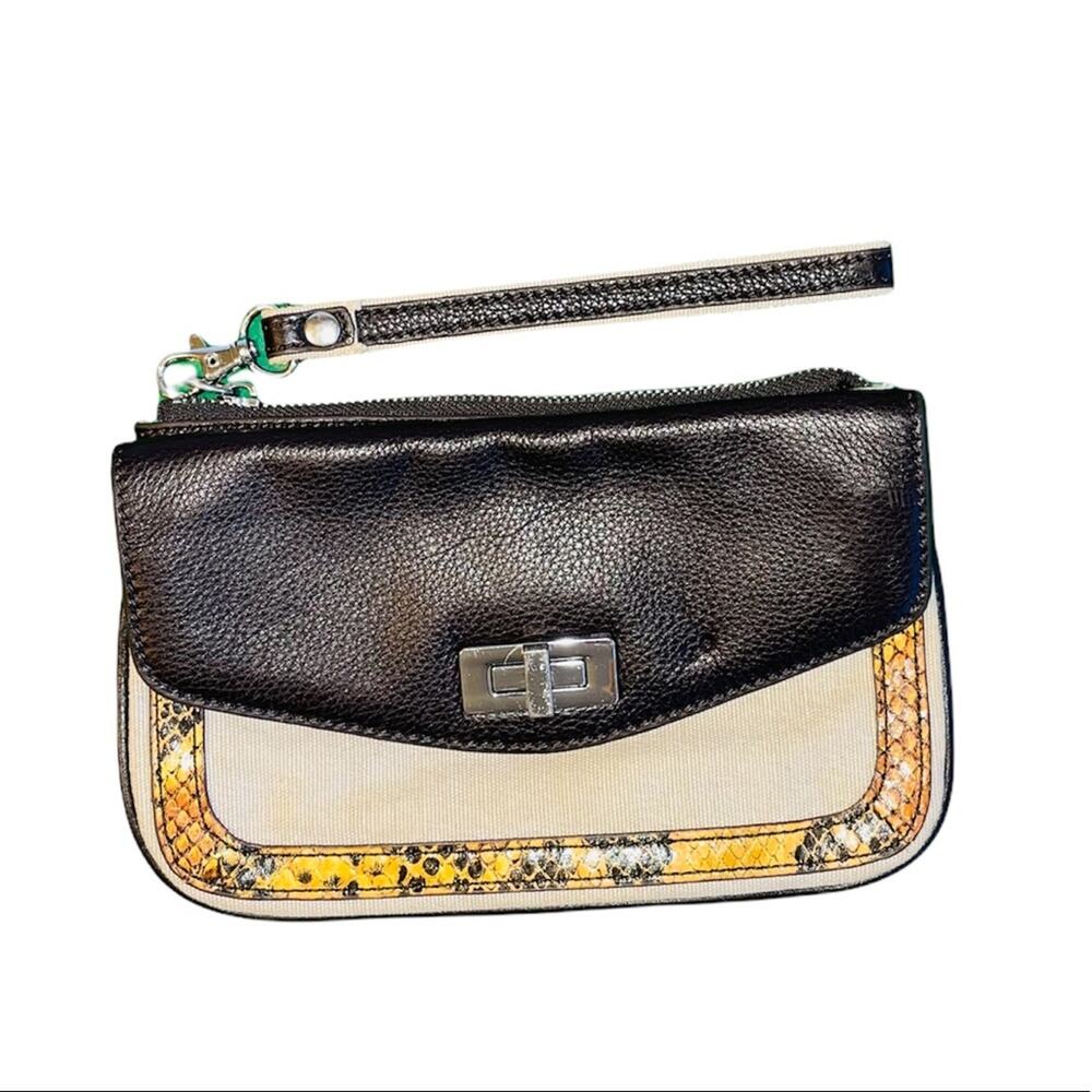 BCBG Max Azria canvas and yellow snakeskin print wristlet